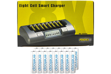 Powerex MH-C800S smart charger with 16 Panasonic Eneloop AA batteries