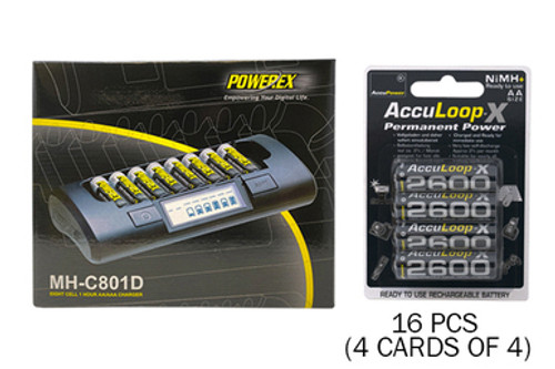 Powerex MH-C801D Eight Slot Smart Charger & 16 AA NiMH AccuPower AccuLoop-X Rechargeable Batteries (2600 mAh)