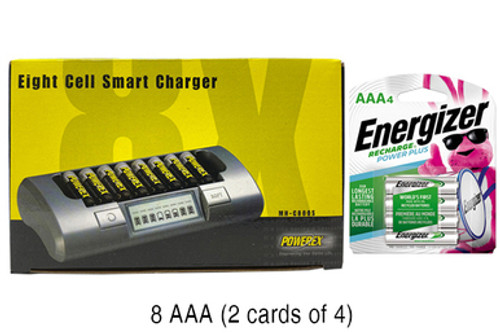 Powerex MH-C800S Eight Slot Smart Charger & 8 AAA NiMH Energizer 800 mAh Batteries (Low Discharge)