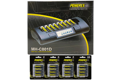 Powerex MH-C801D smart charger with 16 AA NiMH batteries and case