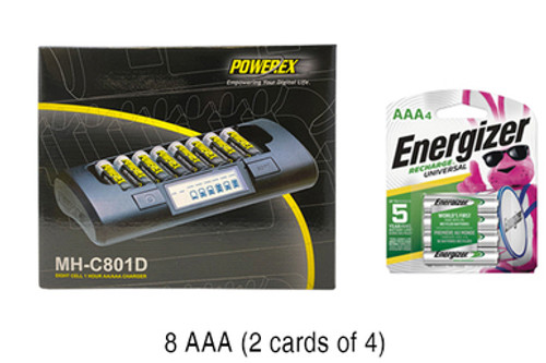 Powerex MH-C801D 8-Cell Charger & 8 AAA NiMH Energizer 700 mAh Batteries (Low Discharge)