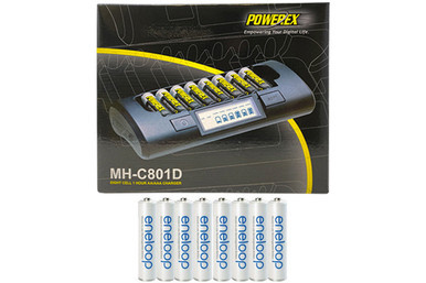Powerex MH-C801D charger with eight Panasonic Eneloop AAA batteries
