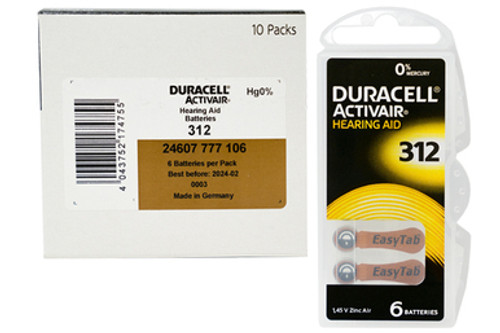 Size 312 Duracell (DA312) Easy Tab Hearing Aid Batteries (60 pcs - 1 Box)
