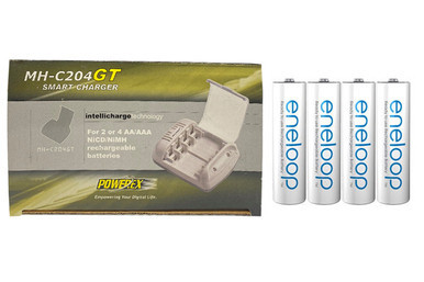 Powerex MH-C204GT smart charger with four Panasonic Eneloop AA batteries