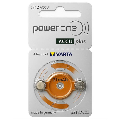 Size p312 PowerOne ACCU Plus Rechargeable Hearing Aid Batteries (2 Card)