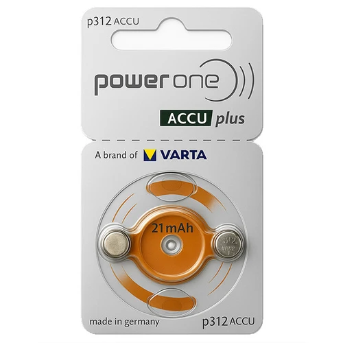 Size p312 PowerOne ACCU Plus Rechargeable Hearing Aid Batteries (2 Card)