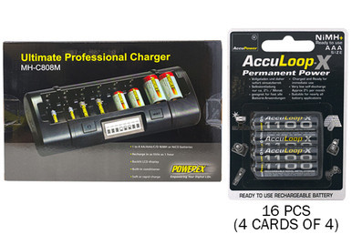 Powerex MH-C808M 8-bay LCD charger with 16 AAA AccuLoop-X batteries
