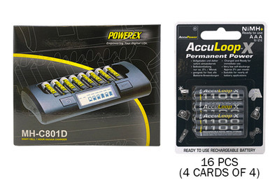 Powerex MH-C801D 8-cell charger with 16 AAA AccuPower batteries