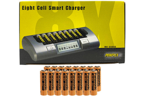 Powerex MH-C800S Eight Slot Smart Charger & 16 AA NiMH Panasonic 2000 mAh Rechargeable Batteries (Industrial Eneloop)