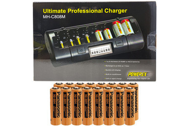 Powerex MH-C808M 8-bay LCD charger with 16 Panasonic AA NiMH batteries