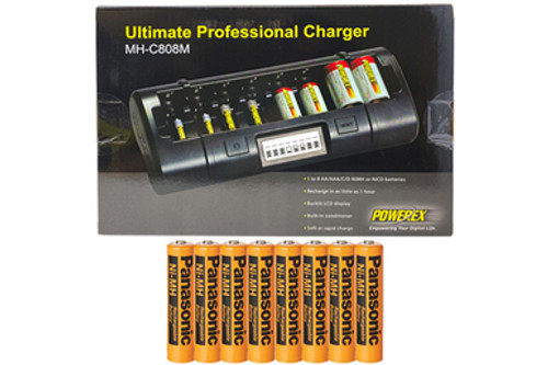 Powerex MH-C808M 8 Bay LCD Charger + 8 AAA Panasonic 700 mAh NiMH Rechargeable Batteries (Low Discharge)