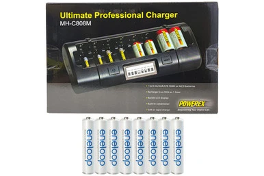 Powerex MH-C808M 8-bay LCD charger with eight Panasonic Eneloop AAA batteries