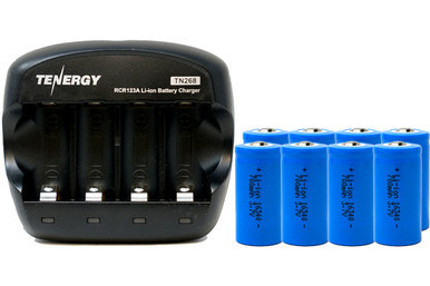 Tenergy RCR123 lithium-ion batteries with four-slot smart charger