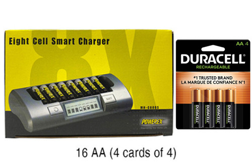 Powerex MH-C800S smart charger with 16 Duracell AA rechargeable batteries