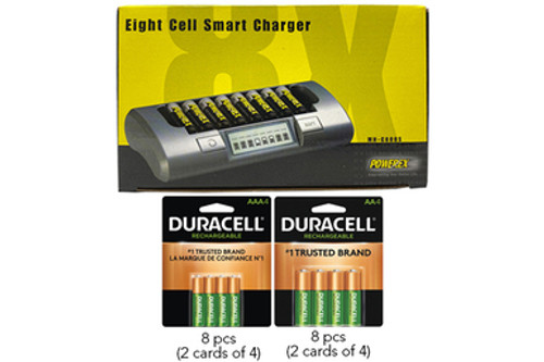 Powerex MH-C800S Eight Slot Smart Charger & 8 AAA (900 mAh) + 8 AA (2500 mAh) Duracell Rechargeable Batteries