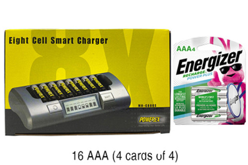 Powerex MH-C800S Eight Slot Smart Charger & 16 AAA NiMH Energizer 800 mAh Batteries (Low Discharge)