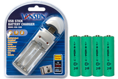 Vanson USB-1000 AA/AAA charger with four 800mAh AA batteries