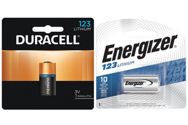 Duracell and Energizer CR123A 3 volt lithium batteries, 2 total.