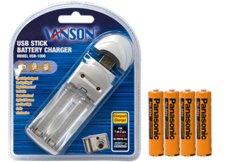 AA / AAA USB Battery Charger + 4 AAA (700 mAh) Panasonic NiMH Batteries