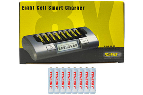 Powerex MH-C800S Eight Slot Smart Charger & 8 AAA Tenergy NiMH Rechargeable Batteries (1000 mAh)