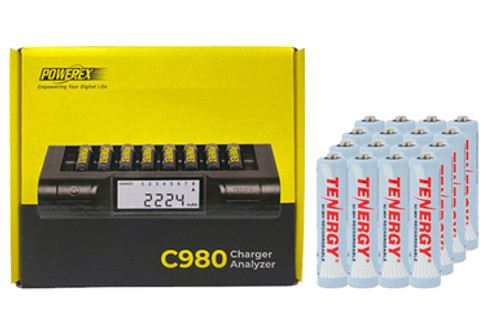 Powerex C980 Smart Charger & 16 AAA Tenergy NiMH Rechargeable Batteries (1000 mAh)