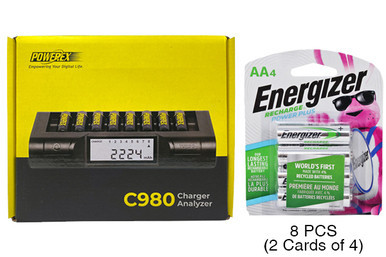 Powerex C980 smart charger with eight Energizer AA rechargeable batteries