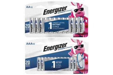 Carded Energizer Ultimate Lithium AA and AAA batteries, 12-pack each