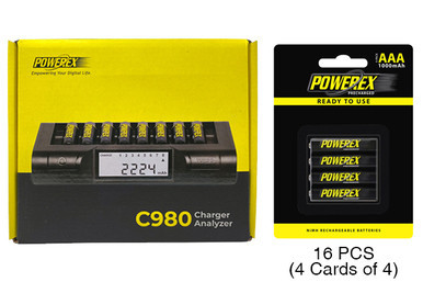 Powerex C980 smart charger with 16 AAA rechargeable NiMH batteries