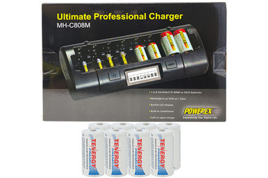 Powerex MH-C808M 8-bay LCD charger with eight Tenergy C NiMH batteries