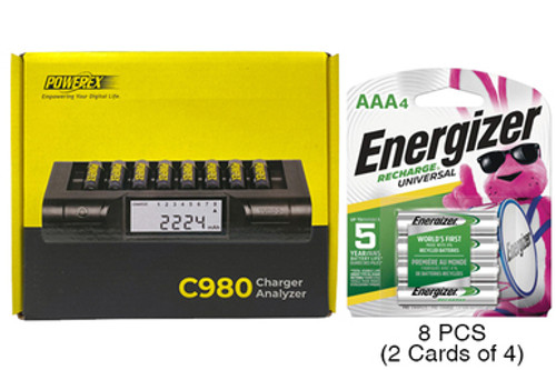 Powerex C980 Smart Charger & 8 AAA NiMH Energizer 700 mAh Batteries (Low Discharge)