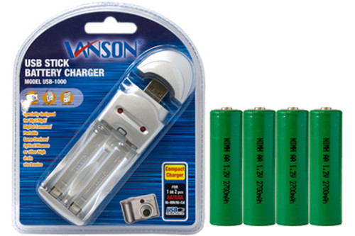 AA / AAA USB Charger + 4 AA NiMH Batteries (2700 mAh)