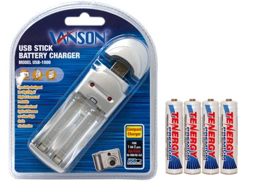 AA / AAA USB Charger + 4 AAA Tenergy NiMH Batteries (1000 mAh)