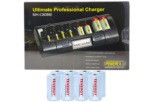 Powerex MH-C808M 8 Bay LCD Charger + 8 D Tenergy NiMH Batteries (10000 mAh)
