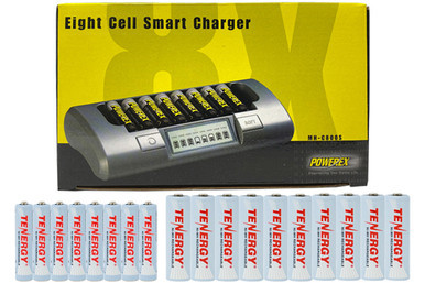 Powerex MH-C800S eight-slot smart charger with AA and AAA rechargeable batteries
