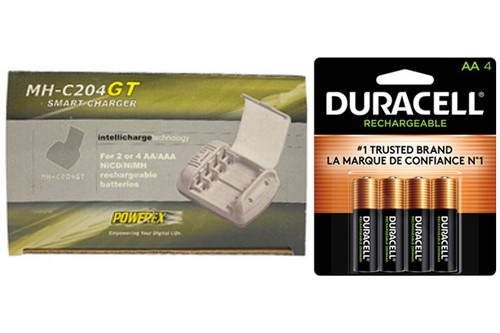 Powerex MH-C204GT charger with four Duracell rechargeable AA batteries