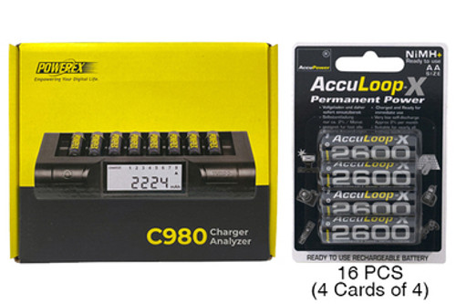 Powerex C980 Smart Charger & 16 AA NiMH AccuPower AccuLoop-X Rechargeable Batteries (2600 mAh)