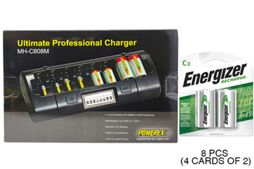 Powerex MH-C808M 8 Bay LCD Charger + 8 C Energizer Rechargeable NiMH Batteries (2500 mAh)