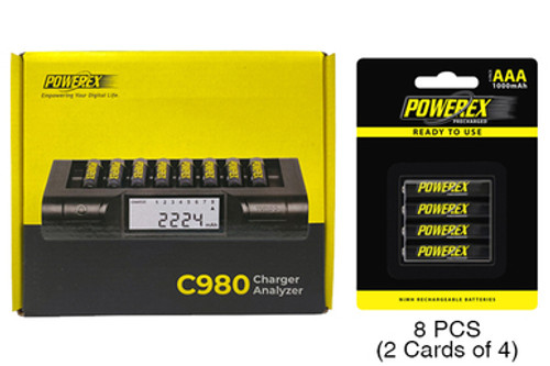 Powerex C980 Smart Charger & 8 AAA NiMH Powerex PRO Rechargeable Batteries (1000 mAh)