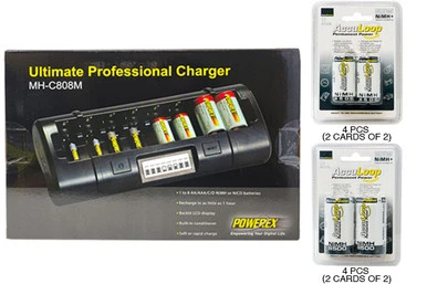 Powerex MH-C808M 8 Bay LCD Charger + 4 C (4500 mAh) + 4 D (8500) AccuLoop NiMH Batteries