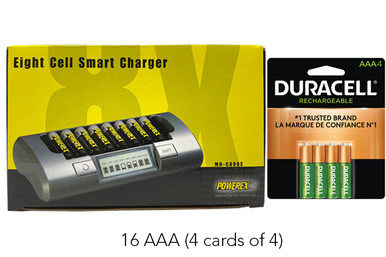 Powerex MH-C800S eight-slot smart charger with 16 Duracell AAA rechargeable batteries