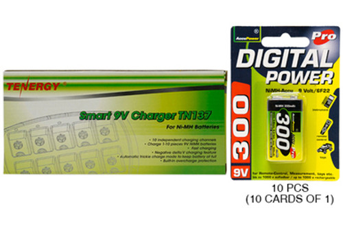 10 Bay 9 Volt Smart Charger + 10 x 9 Volt AccuPower NiMH Batteries (300 mAh)