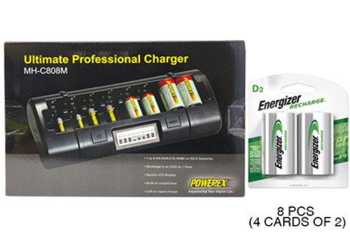 Powerex MH-C808M 8 Bay LCD Charger + 8 D Energizer Rechargeable NiMH Batteries (2500 mAh)