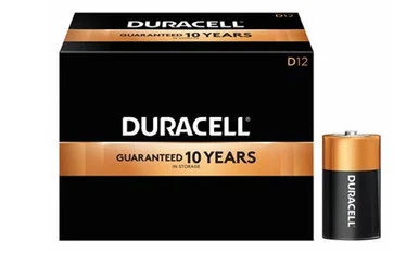 12-pack D Duracell MN1300 alkaline batteries arranged in a row