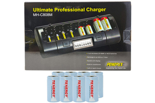 Powerex MH-C808M 8 Bay LCD Charger + 8 C Tenergy NiMH Batteries (5000 mAh)