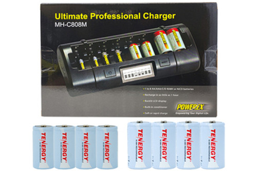 Powerex MH-C808M 8 Bay LCD Charger + 4 C (5000 mAh) + 4 D (10000) Tenergy NiMH Batteries