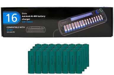 Power Portable 16-bay AA AAA LCD battery charger with 32 AA NiMH batteries
