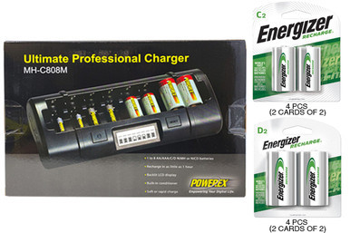 Powerex MH-C808M 8-bay LCD charger with Energizer C and D batteries