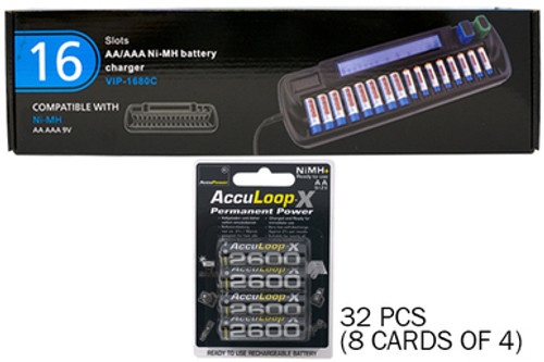 16 Bay AA / AAA LCD Battery Charger + 32 AA  AccuLoop-X 2600 mAh NiMH Batteries