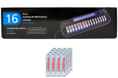 Tenergy 16 bay AA AAA LCD battery charger with 16 AAA rechargeable batteries