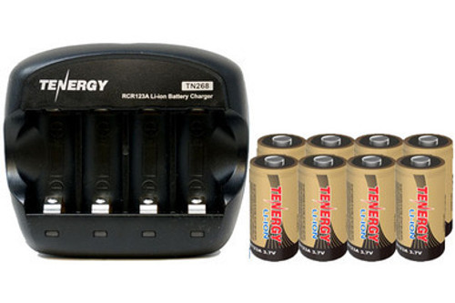8 x Tenergy RCR123A 3.7 Volt Lithium Ion Batteries (650 mAh) + 4 Slot Smart Charger